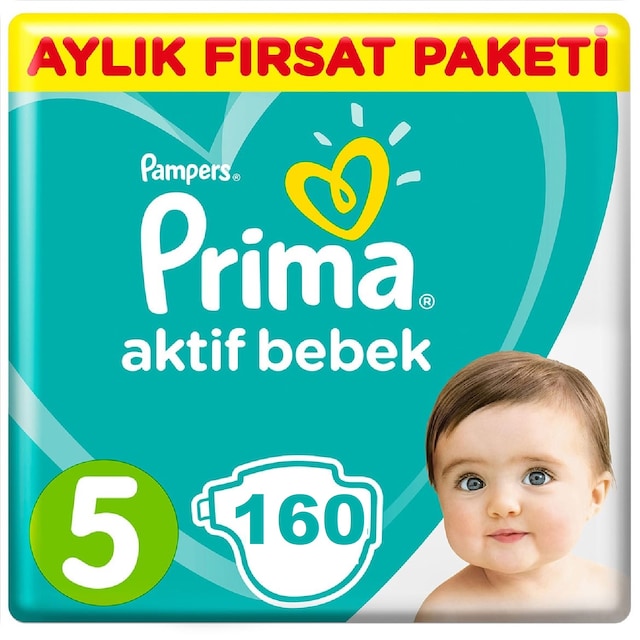 Prima Bebek Bezi Aktif Bebek 5 Beden Aylık Paketi 160 Adet(80x2)