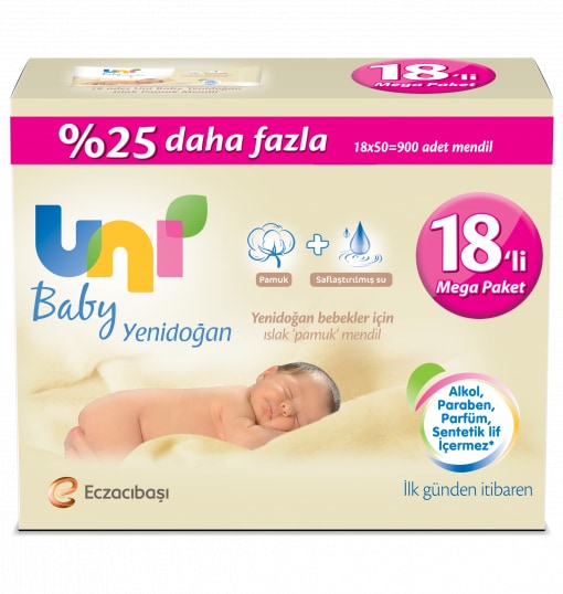 Uni Baby Yenidoğan Islak Pamuk Mendil  18x50li   900 Yaprak 50x18