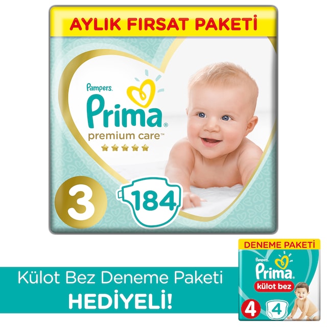 Prima Bebek Bezi Premium Care 3 Beden 184 Adet Aylık Fırsat Paket