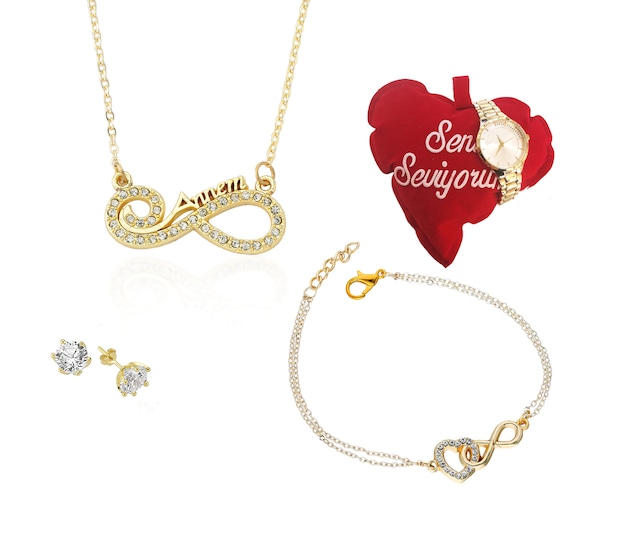 Annem Yazılı Kolye Küpe Bileklik Takı Seti - Saat Hediye!