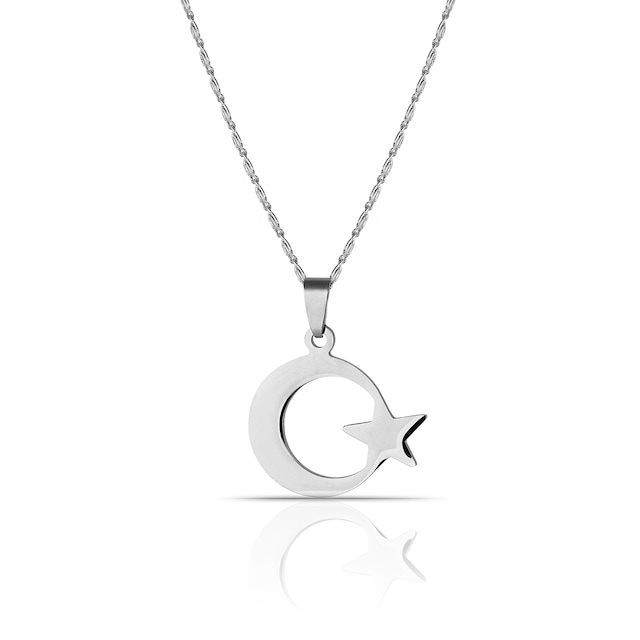Erkek Ay Yıldız Çelik Kolye -55 cm Zincir Dahil