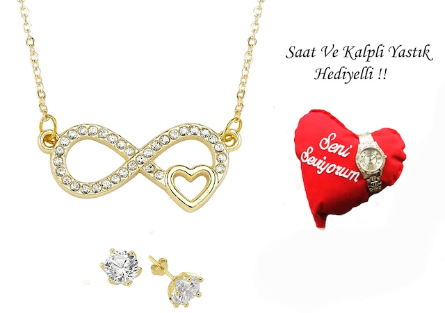 Forentina Altın Kaplama Kalpli Sonsuzluk Kolye Küpe - Hediye Pake