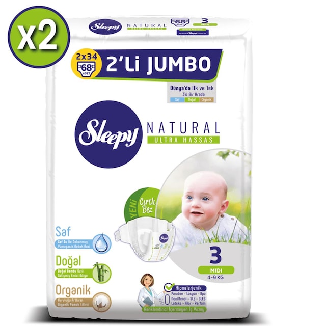 Sleepy Bebek Bezi 3 Beden 4-9 Kg 68x2 Paket 136 Adet Yeni Ambalaj