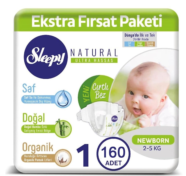 Sleepy Natural Bebek Bezi 1 Beden Numara Yenidoğan 2-5Kg 160 Adet