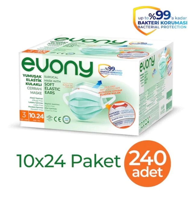 EVONY YUMUŞAK ELASTİK KULAKLI CERRAHİ MASKE 240 Adet
