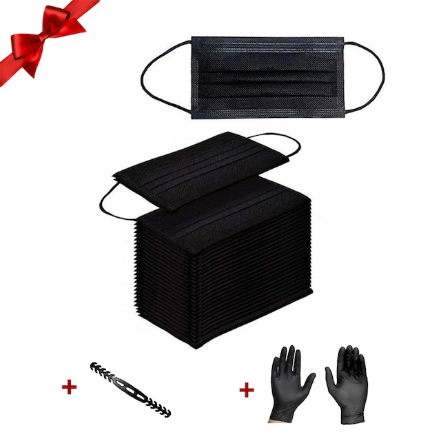 50 Adet Siyah Telli Lastikli Cerrahi Koruyucu 3 Kat Yüz Maskesi