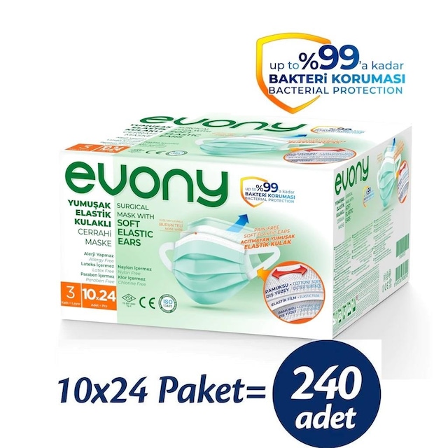 Evony Maske 3 Katlı Cerrahi Medikal Yüz Maskesi 10x24 (240 Adet)