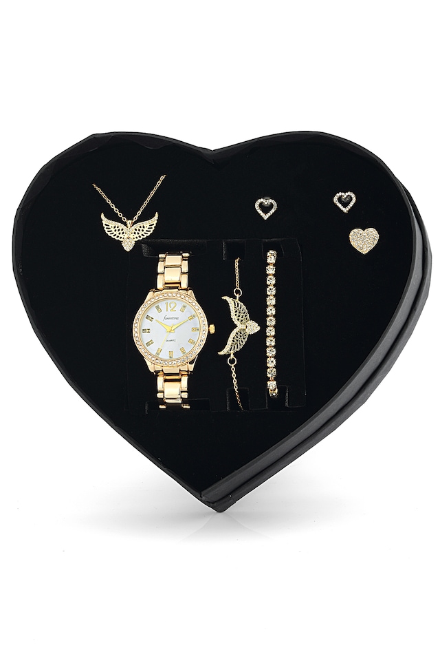 Forentina Sarı Melek Kanadı Kolye Küpe Bileklik Yüzük Hediye Set