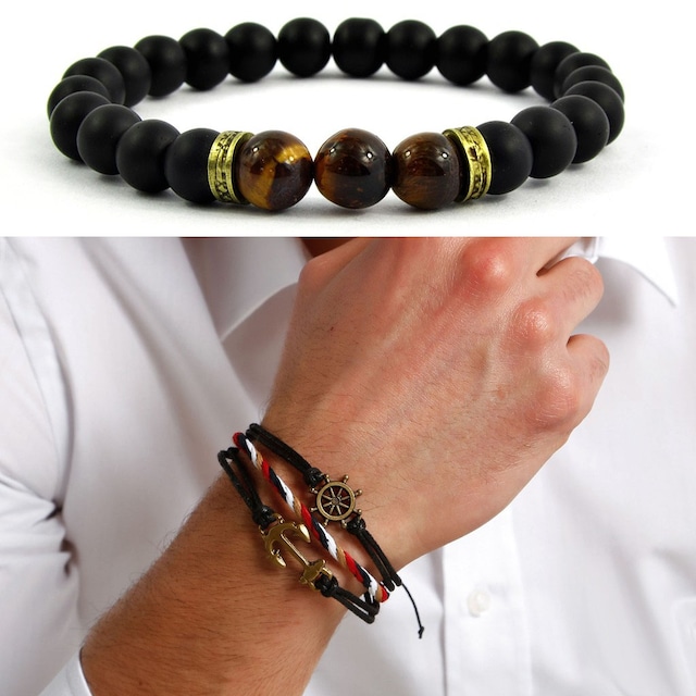 Taşlı ve İpli Erkek Bileklik İkili Set okb