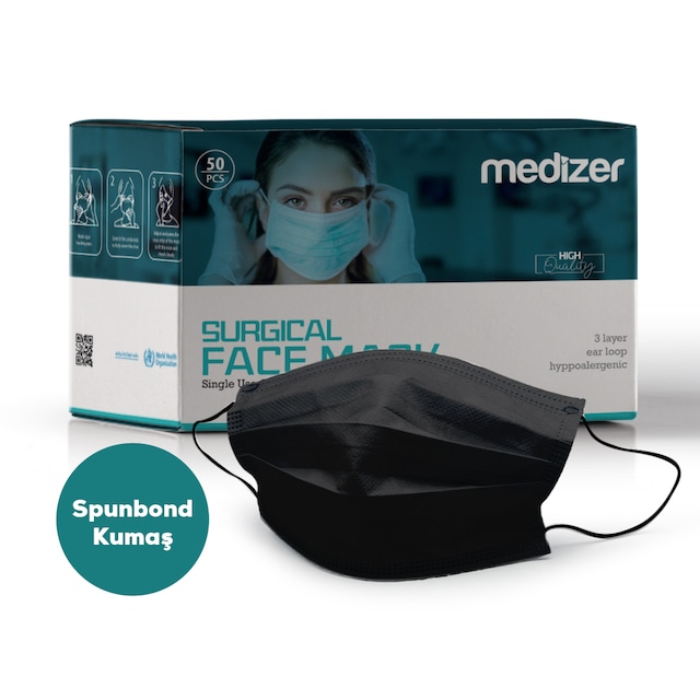 Medizer Full Ultrasonik Cerrahi Ağız Maskesi Spunbond 50 Ad Siyah