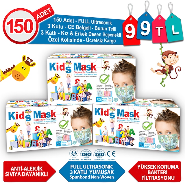 Ekstra Fırsat | 150 Adet Çocuk Maskesi | Burun Telli | CE Belgeli