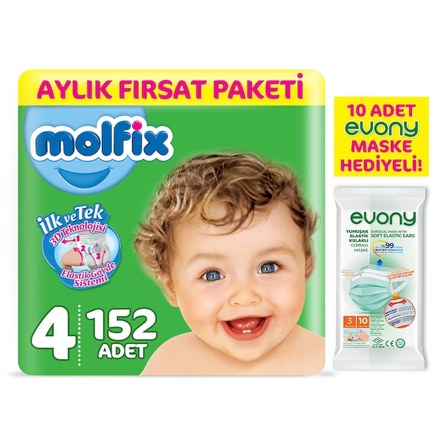 Molfix Bebek Bezi 4 Beden Maxi Aylık Fırsat Paketi 152 Adet + Evo