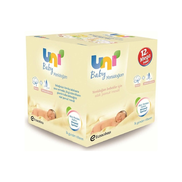 Uni Baby Yenidoğan Islak Pamuk Mendil 12'li Mega Paket 480'li