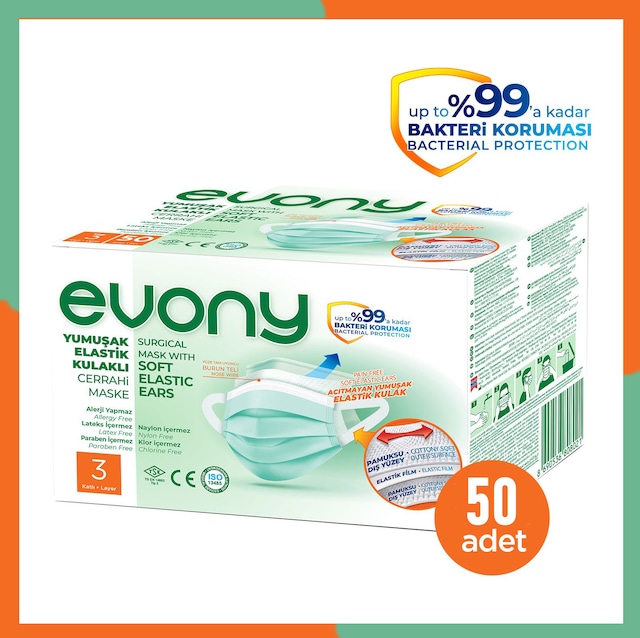Evony Yumuşak Elastik Kulaklı Maske 1 KUTU 50 Adet