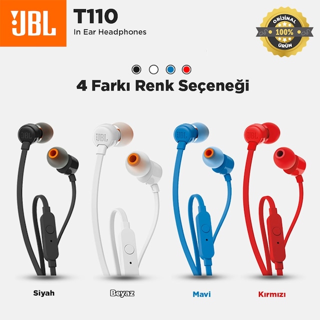 JBL T110 Kulak İçi Kulaklık - Siyah, Beyaz, Kırmızı, Mavi
