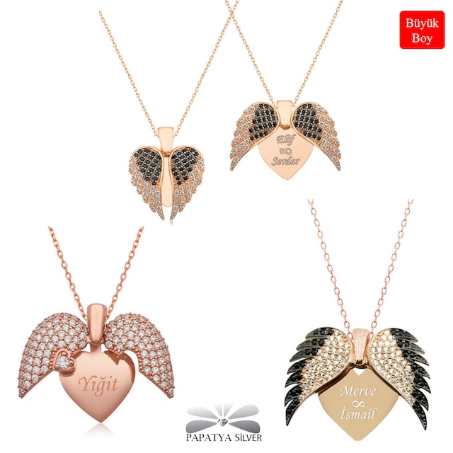 Aşkın Kanatları Gümüş Kalp Kolye Hediyelik İsimli Kolye