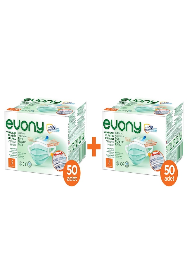 Evony Yumuşak Kulaklıklı 3 Katlı Telli Cerrahi Maske 100 Adet