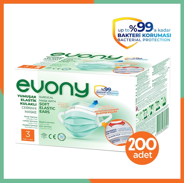 Evony Yumuşak Elastik Kulaklı 3 Katlı Telli Cerrahi Maske 200'lü