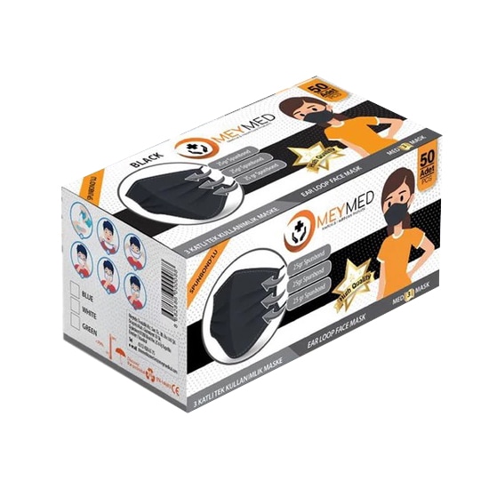 Meymed 3 Katlı Spunbond Siyah Maske 50'li Kutu