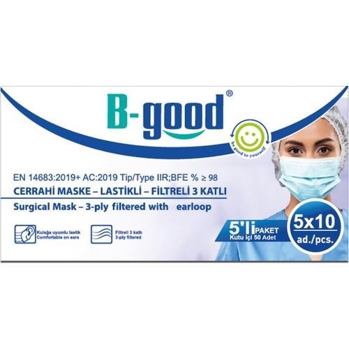 B-Good Cerrahi Maske Lastikli Filtreli 3 Katlı 5'li Paket 50 Adet