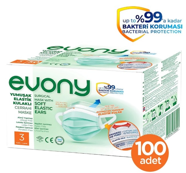 Evony Yumuşak Elastik Kulaklı 3 Katlı Telli Cerrahi Maske 100 lü