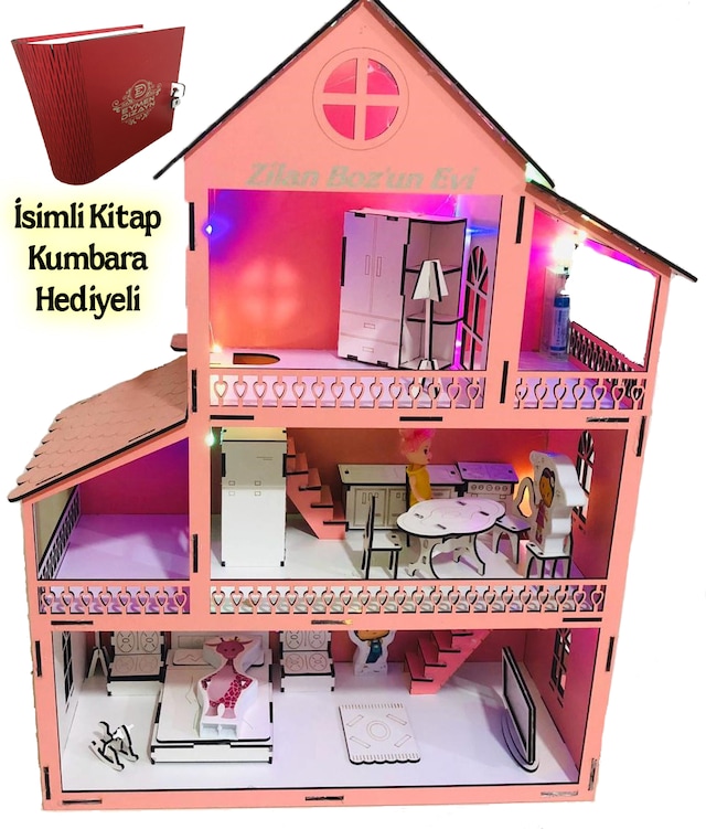 İsimli Işıklı Ahşap Oyun Evi 60cm + Kumbara ve Yapıştırıcı