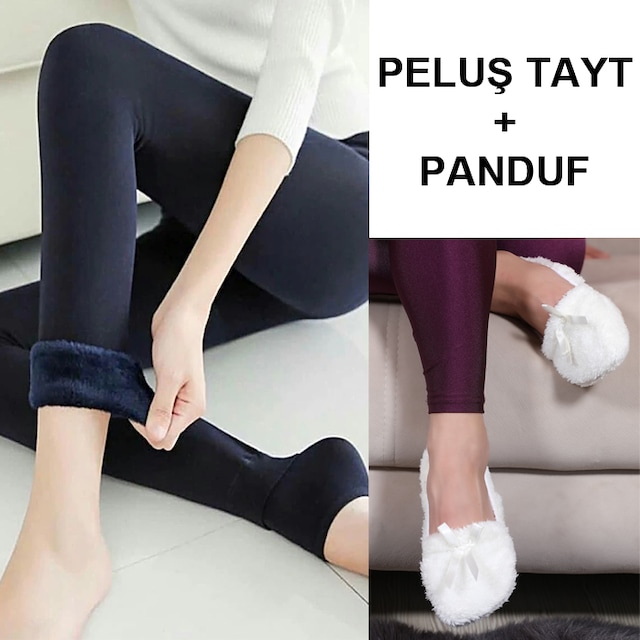 Peluşlu Kışlık Termal Tayt İçlik Siyah Kadın Peluş Tayt ve Panduf