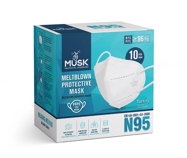 10Ad. Musk FFP2 N95 Maske, Meltblown Koruyucu Tabaka, İSO CE Belg