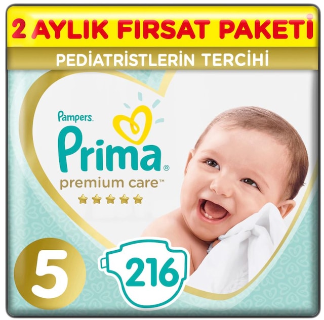 Prima Pampers Premium Care 2 Aylık Fırsat Paket Bebek Bezi 11-16 KG 5 Beden 216 Adet