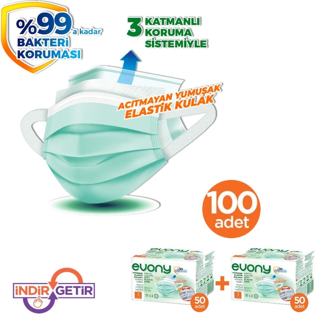 Evony Maske 3 Katlı Lastikli Cerrahi Yüz Maskesi 100 Adet