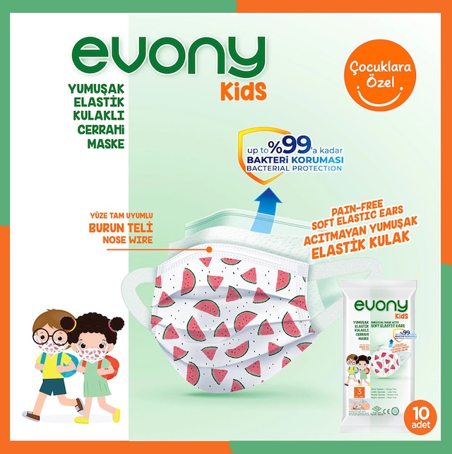 EVONY KIDS ELASTİK KULAKLI ÇOCUK MASKE 10'LU PAKET 50 ADET