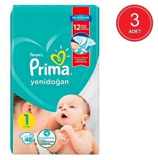 Prima Pampers Aktif Bebek Yenidoğan Bebek Bezi 2-5 KG 1 Beden 3 x 48 Adet