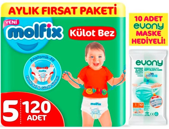 Molfix Külot Bez 5 Beden Junior Aylık Fırsat Paketi 120 Adet + 10'lu Maske