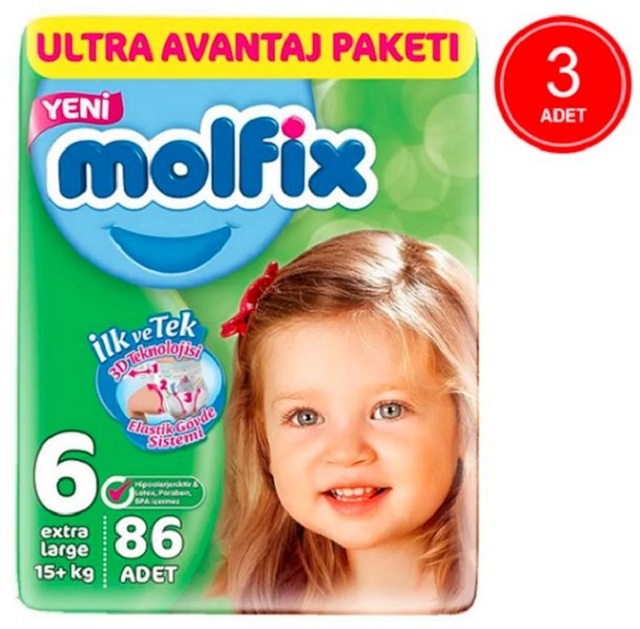 Molfix 3D Ultra Avantaj Paketi Bantlı Bebek Bezi 15+ KG 6 Beden 3 x 86 Adet