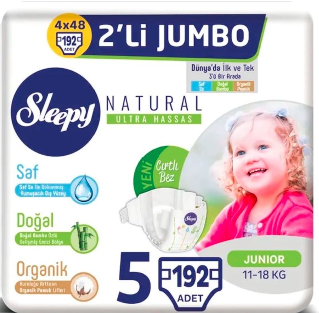 Sleepy Natural 2'li Jumbo Bantlı Bebek Bezi 11-18 KG 5 Beden 192 Adet