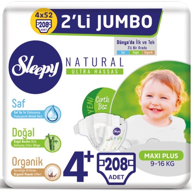 Sleepy Natural 2'li Jumbo Bantlı Bebek Bezi 9-16 KG 4+ Beden 208 Adet