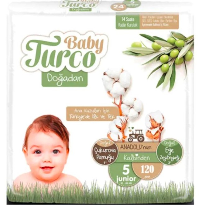 Baby Turco Doğadan Bebek Bezi 12-25 KG 5 Beden 120 Adet + Islak Havlu 3 x 60 Adet