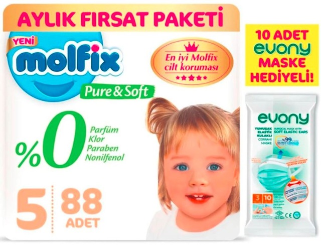 Molfix Pure & Soft 5 Beden Junior Aylık Fırsat Paketi 88 Adet + 10'lu Maske