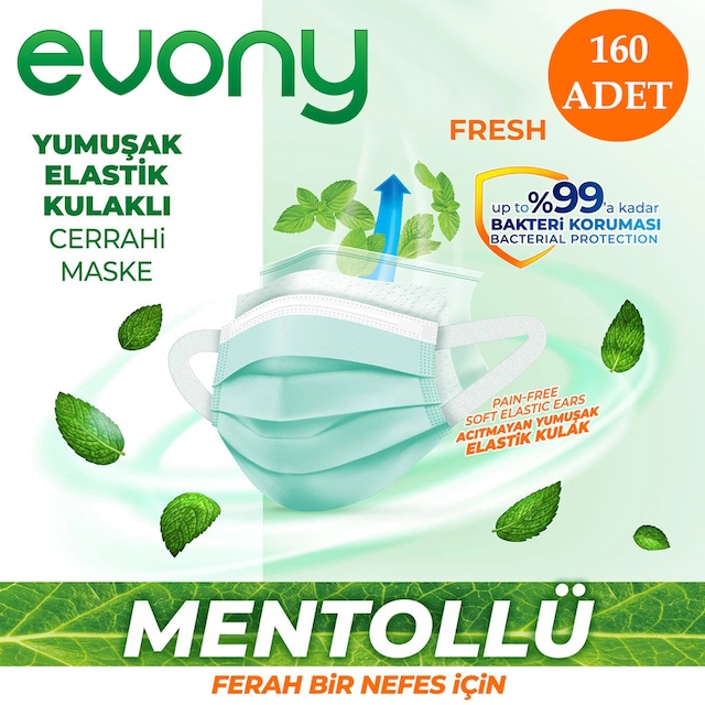 Evony Fresh Mentollü Maske Yumuşak Elastik Kulaklı 10'lu 160 Adet