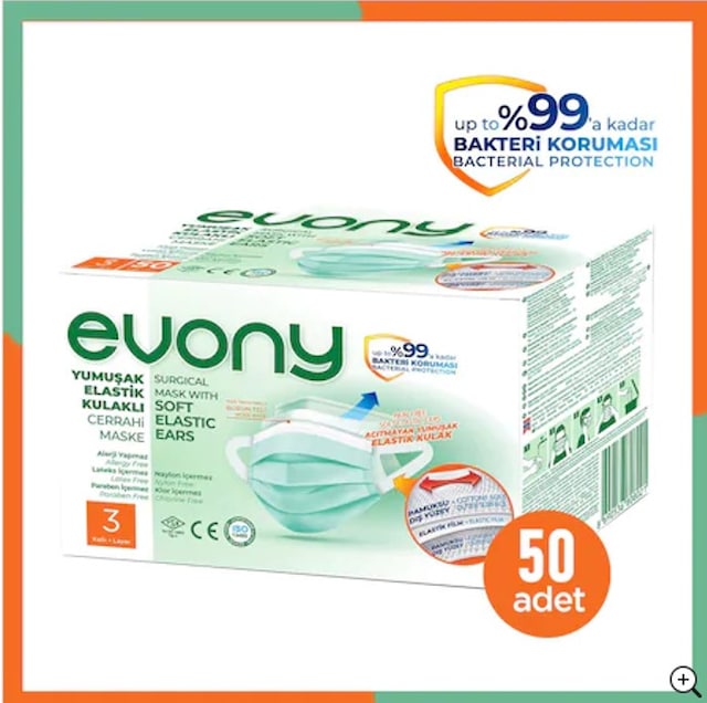 EVONY YUMUŞAK ELASTİK KULAKLI CERRAHİ MASKE 50 Lİ