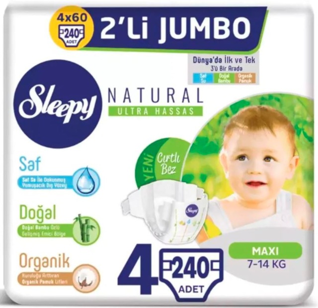 Sleepy Natural 2'li Jumbo Bantlı Bebek Bezi 7-14 KG 4 Beden 240 Adet