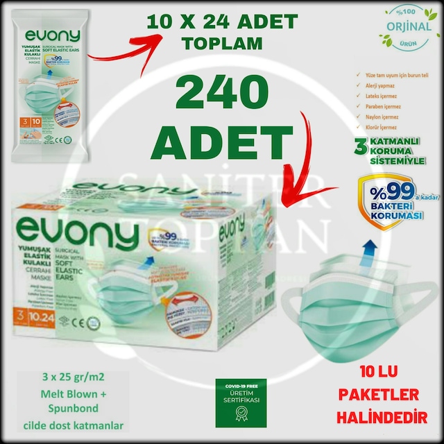 Evony Cerrahi Maske 10 Lu 24 Paket = 240 Adet Hayat Kimya