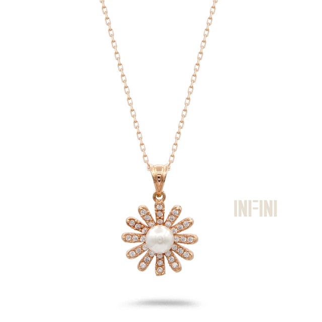 Zirkon Taşlı Çiçek İnci Gümüş Kolye