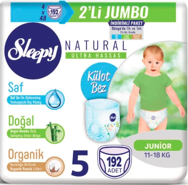 Sleepy Natural Süper Fırsat Paketi Külot Bez 11-18 KG 5 Beden 192 Adet