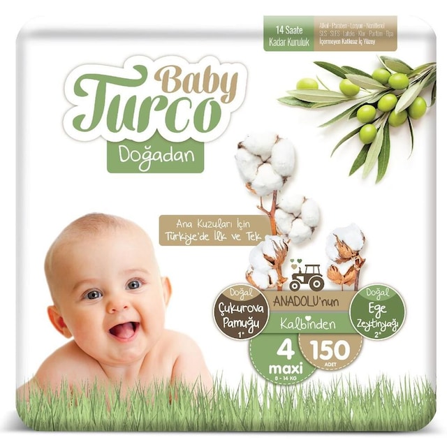 Baby Turco Doğadan Bebek Bezi 8-14 KG 4 Beden 150 Adet + Islak Havlu 3 x 60 Adet