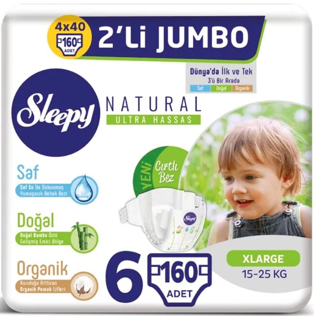 Sleepy Natural 2'li Jumbo Bantlı Bebek Bezi 15-25 KG 6 Beden 160 Adet