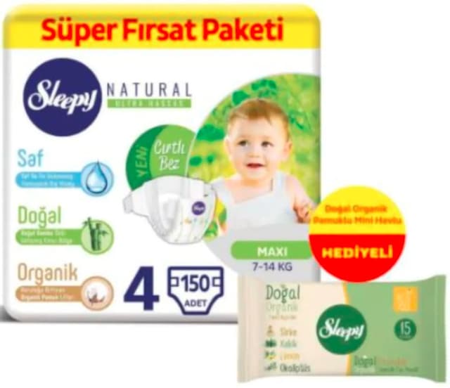 Sleepy Natural Süper Fırsat Paketi Bantlı Bebek Bezi 7-14 KG 4 Beden 150 Adet+Islak Mendil 15 Adet