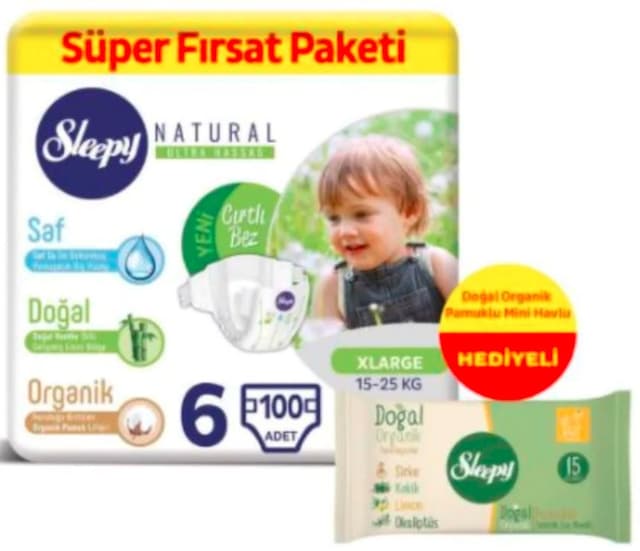 Sleepy Natural Süper Fırsat Paketi Bantlı Bebek Bezi 15-25 KG 6 Beden 100 Adet+Islak Mendil 15 Adet