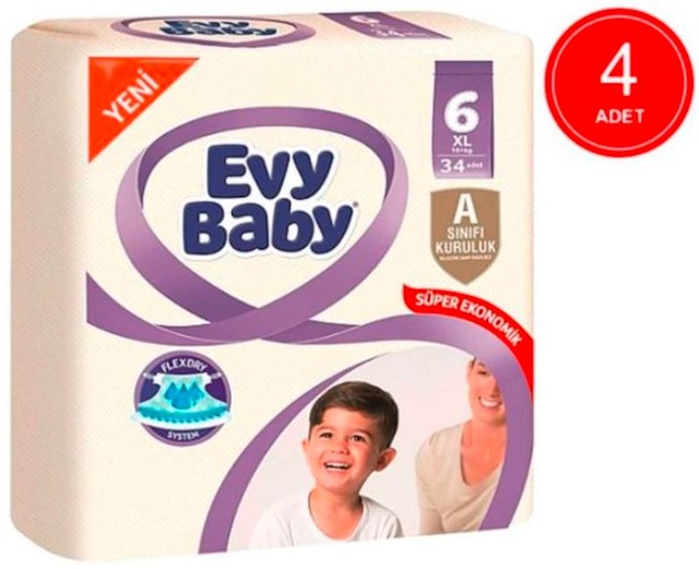 Evy Baby Süper Ekonomik Bebek Bezi 15+ KG 6 Beden 4 x 34 Adet