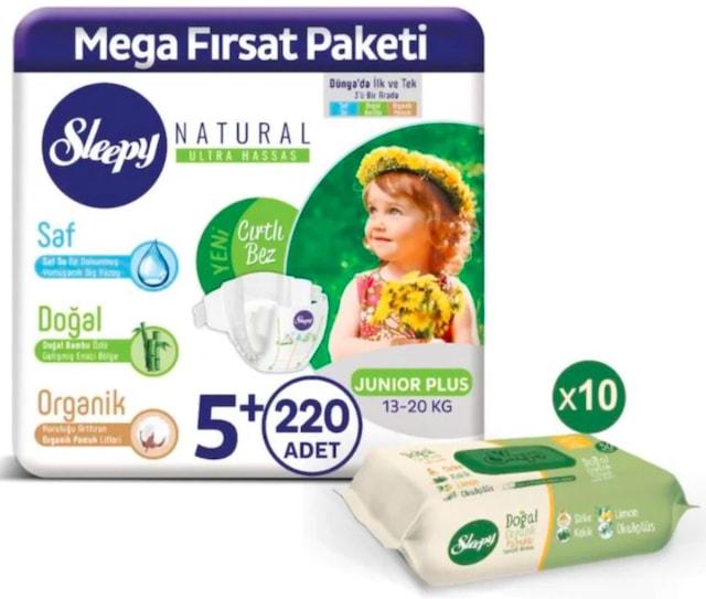 Sleepy Natural Mega Fırsat Paketi Bantlı Bebek Bezi 13-20 KG 5+ Beden 220 Adet+Islak Havlu 10'lu